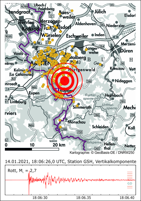 Lage des Epizentrum des Erdbebens und Seismogramm an der Station GSH (Hürtgenwald-Großhau)