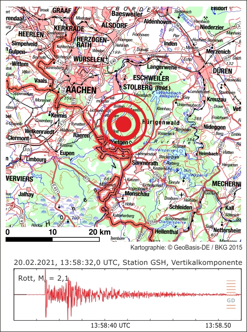 Epizentrum des Erdbebens und Seismogramm an der Station GSH (Hürtgenwald-Großhau)