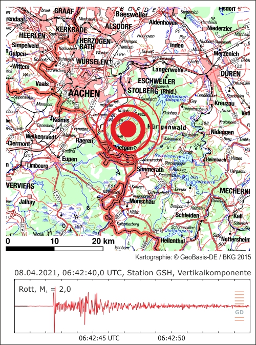 Epizentrum des Erdbebens und Seismogramm an der Station GSH (Hürtgenwald-Großhau)
