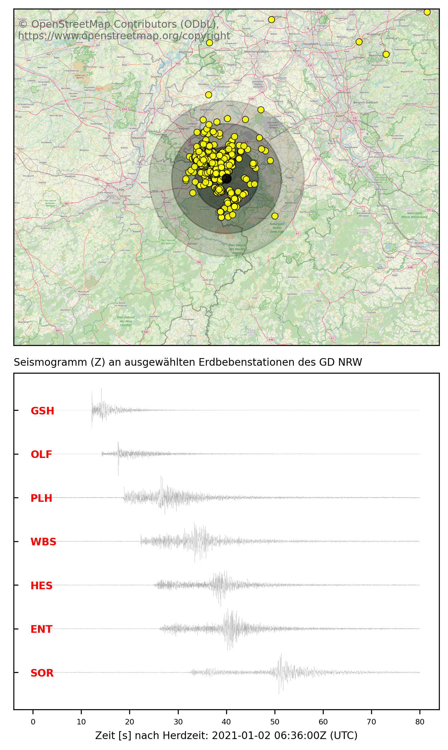 Epizentrum und Seismogramm des Erdbebens